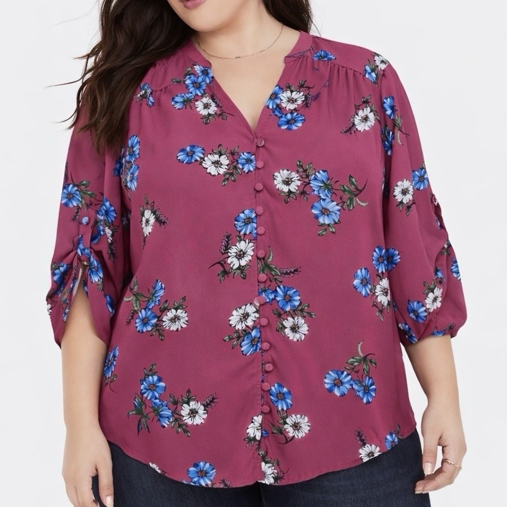 Torrid Berry Pink Floral Pullover Button 3/4 Sleeve Blouse Size 2X Office Flowy